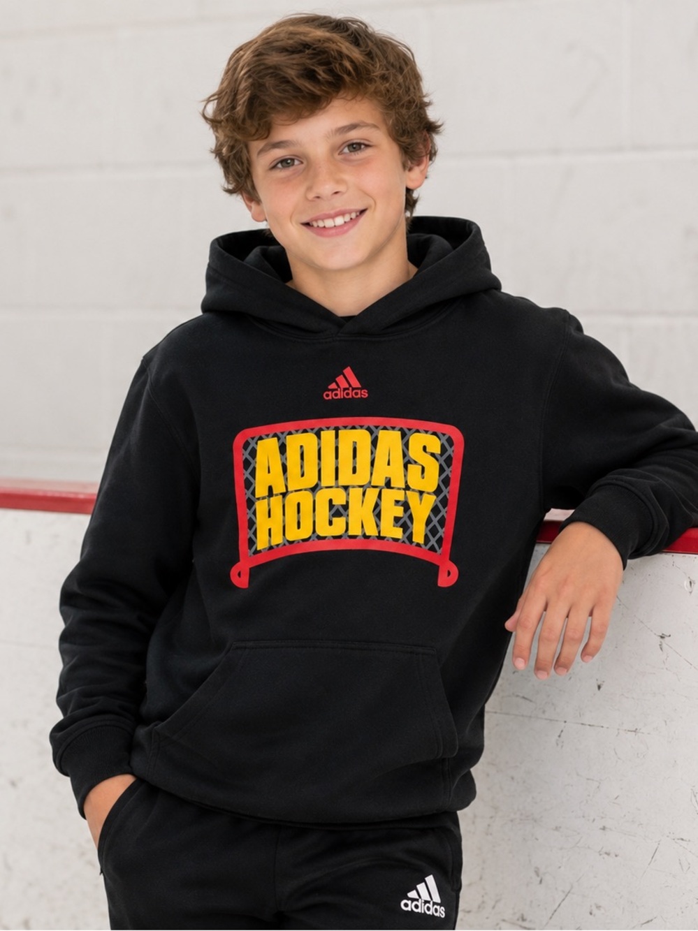 Adidas Kids' Black 'Adidas Hockey' Pullover Hoodie - Size Large
